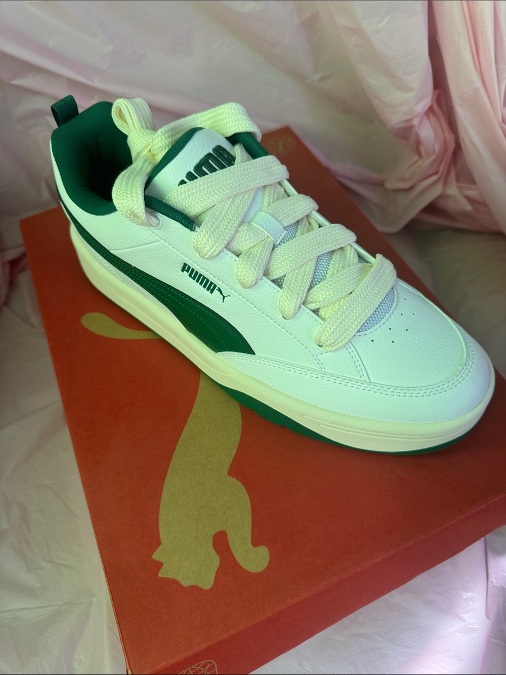 Puma White and Dark Green Low-Top Sneakers